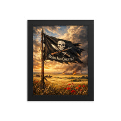 Makhno black banner over Ukrainian steppe framed print on a plain backdrop in size 8"x10".