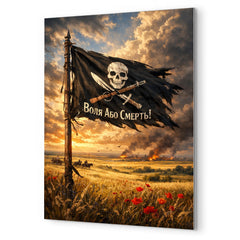 Makhno black banner over Ukrainian steppe metal print mockup