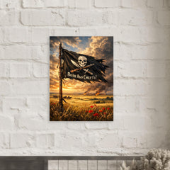Makhno black banner over Ukrainian steppe metal print mockup