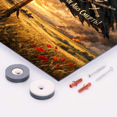 Makhno black banner over Ukrainian steppe metal print mockup