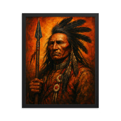 Makhpiya Luta Crazy Horse war portrait framed print on a plain backdrop in size 16"x20".