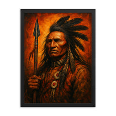Makhpiya Luta Crazy Horse war portrait framed print on a plain backdrop in size 18"x24".