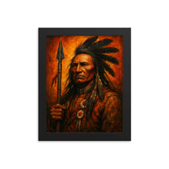 Makhpiya Luta Crazy Horse war portrait framed print on a plain backdrop in size 8"x10".