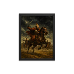 Maksym Kryvonis Cossack charge under storm clouds framed print on a plain backdrop in size 12"x16".