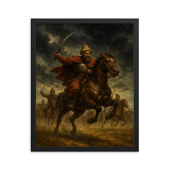 Maksym Kryvonis Cossack charge under storm clouds framed print on a plain backdrop in size 16"x20".