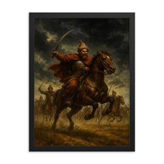 Maksym Kryvonis Cossack charge under storm clouds framed print on a plain backdrop in size 18"x24".