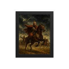 Maksym Kryvonis Cossack charge under storm clouds framed print on a plain backdrop in size 8"x10".