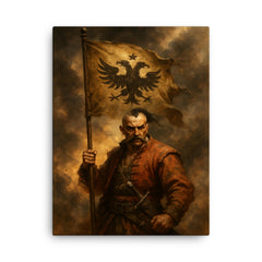 Maksym Kryvonis Cossack standard in smoke canvas print on a plain backdrop in size 18"x24".