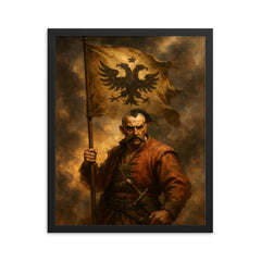 Maksym Kryvonis Cossack standard in smoke framed print on a plain backdrop in size 16"x20".