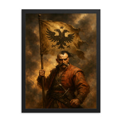Maksym Kryvonis Cossack standard in smoke framed print on a plain backdrop in size 18"x24".