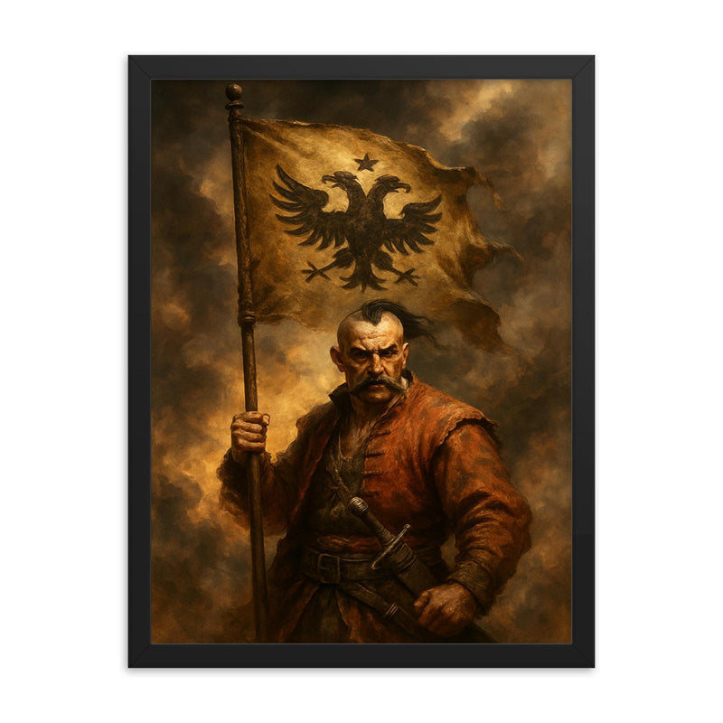 Maksym Kryvonis Cossack standard in smoke framed print on a plain backdrop in size 18