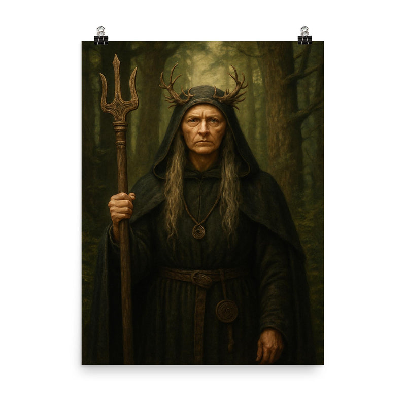 Malgorzata Braunek as stern Slavic forest abbess archetype poster on a plain backdrop in size 8