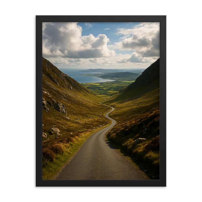 Mamore Gap Viewpoint Ireland framed print on a plain backdrop in size 18