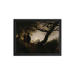 Man and Woman Contemplating the Moon by Caspar David Friedrich, 1824 framed print on a plain backdrop in size 12"x16".