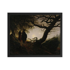 Man and Woman Contemplating the Moon by Caspar David Friedrich, 1824 framed print on a plain backdrop in size 16"x20".