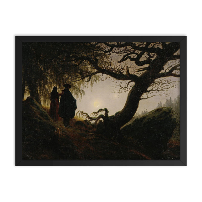 Man and Woman Contemplating the Moon by Caspar David Friedrich, 1824 framed print on a plain backdrop in size 18