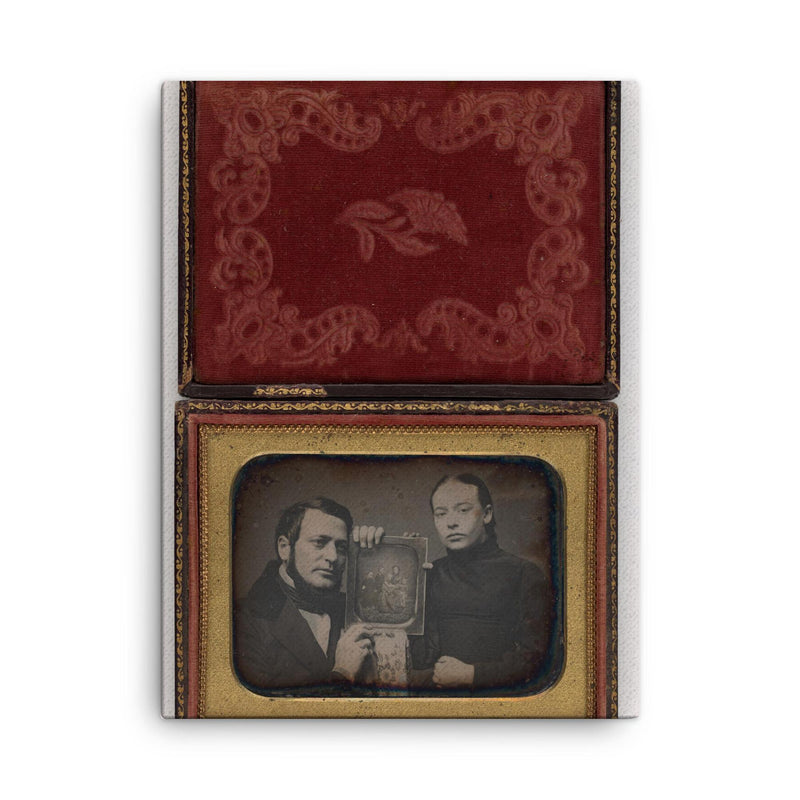 Man and Woman Posing with Family Daguerreotype, c. 1850 canvas print on a plain backdrop in size 18