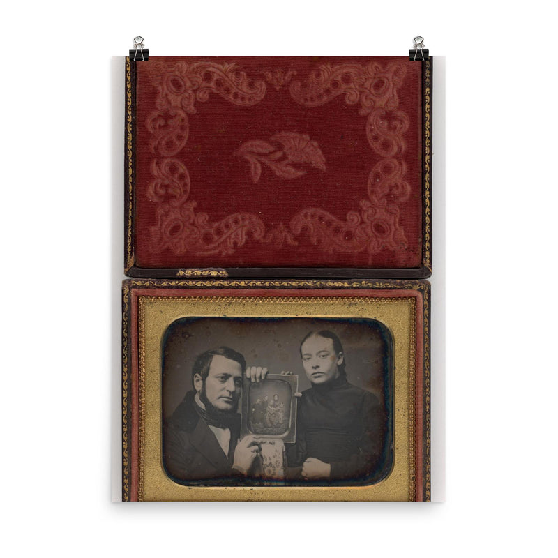 Man and Woman Posing with Family Daguerreotype, c. 1850 poster on a plain backdrop in size 8