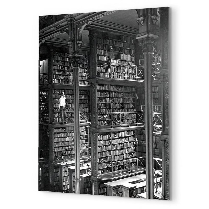 Man Browsing for Books in the Old Public Library of Cincinnati metal print mockup
