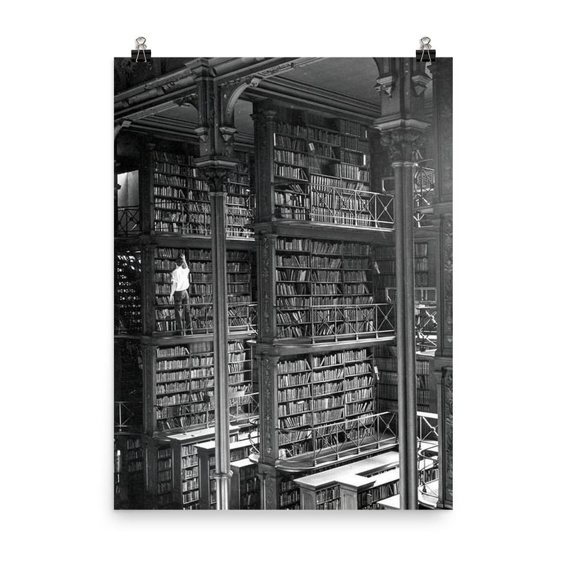 Man Browsing for Books in the Old Public Library of Cincinnati poster on a plain backdrop in size 8