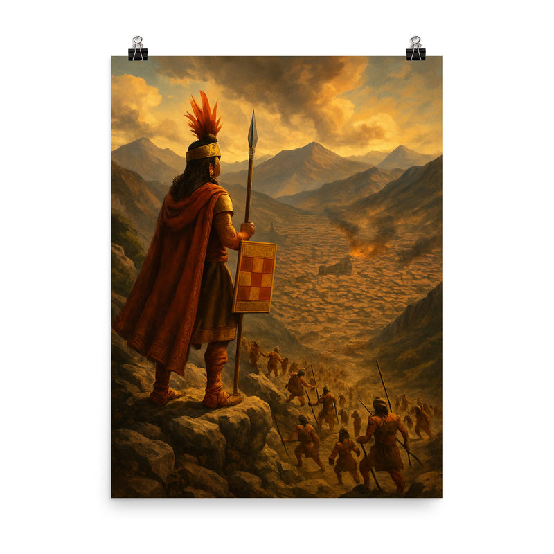 Manco Inca's siege of Cusco from mountain heights poster on a plain backdrop in size 8