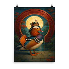 Mandarin duck emperor beneath lacquered moon gate poster on a plain backdrop in size 8"x10".