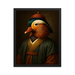 Mandarin duck imperial portrait in scholar robes framed print on a plain backdrop in size 16"x20".