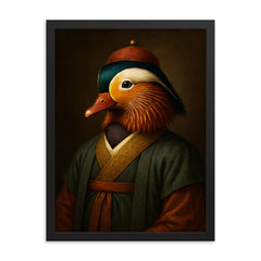 Mandarin duck imperial portrait in scholar robes framed print on a plain backdrop in size 18"x24".