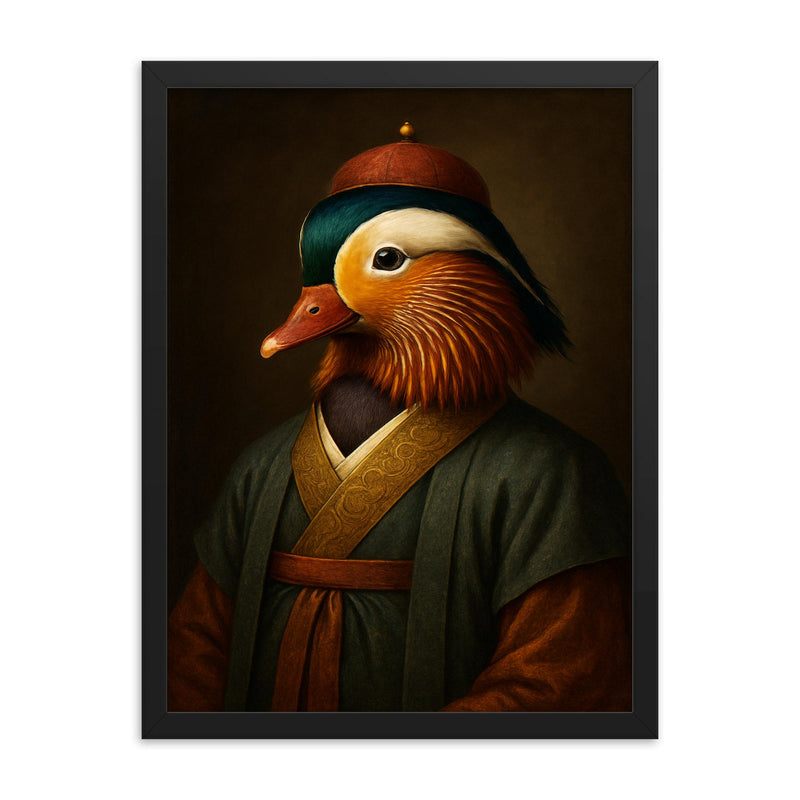 Mandarin duck imperial portrait in scholar robes framed print on a plain backdrop in size 18