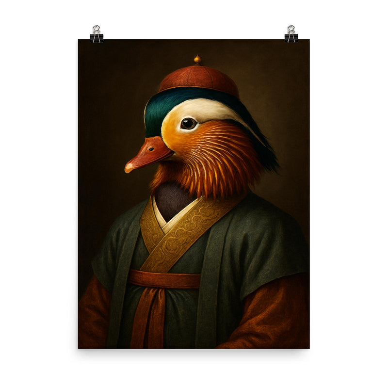 Mandarin duck imperial portrait in scholar robes poster on a plain backdrop in size 8
