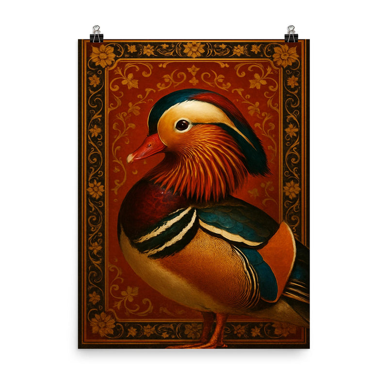 Mandarin duck imperial portrait with lacquered splendor poster on a plain backdrop in size 8