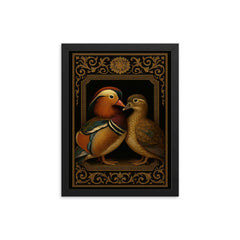 Mandarin duck pair as lacquered imperial portrait framed print on a plain backdrop in size 12"x16".