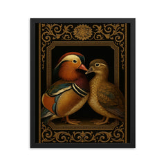 Mandarin duck pair as lacquered imperial portrait framed print on a plain backdrop in size 16"x20".