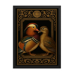 Mandarin duck pair as lacquered imperial portrait framed print on a plain backdrop in size 18"x24".