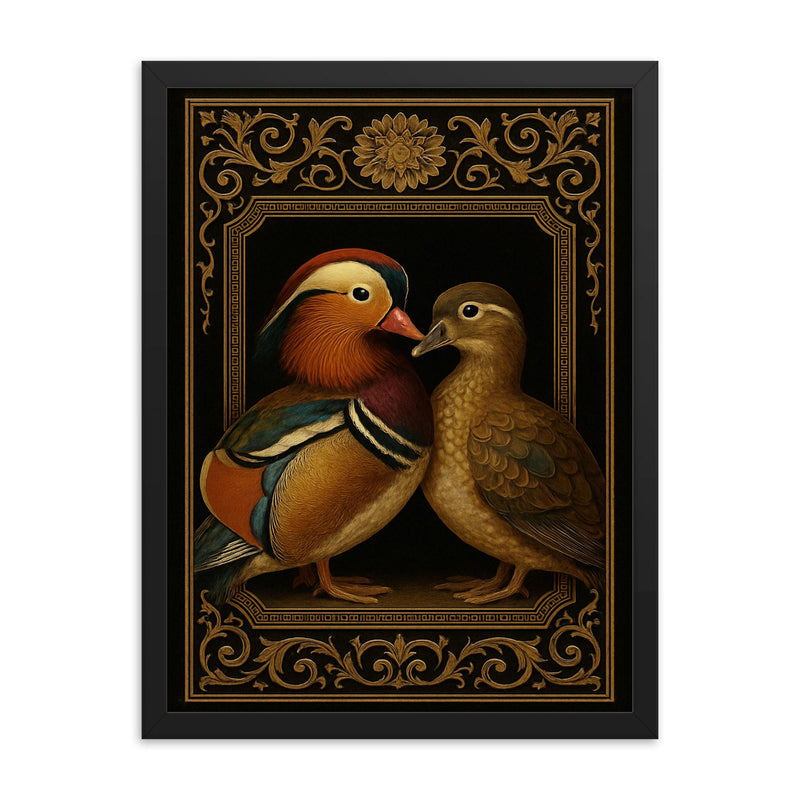 Mandarin duck pair as lacquered imperial portrait framed print on a plain backdrop in size 18