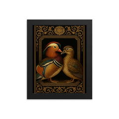 Mandarin duck pair as lacquered imperial portrait framed print on a plain backdrop in size 8"x10".