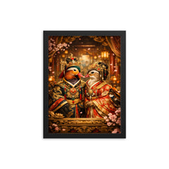 Mandarin duck pair in imperial court robes framed print on a plain backdrop in size 12"x16".