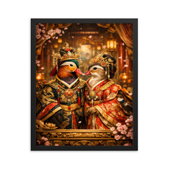 Mandarin duck pair in imperial court robes framed print on a plain backdrop in size 16"x20".