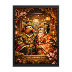 Mandarin duck pair in imperial court robes framed print on a plain backdrop in size 18"x24".