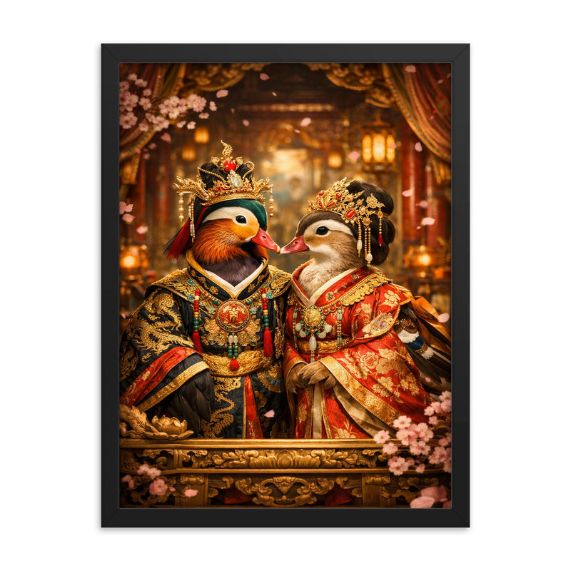 Mandarin duck pair in imperial court robes framed print on a plain backdrop in size 18