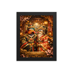 Mandarin duck pair in imperial court robes framed print on a plain backdrop in size 8"x10".