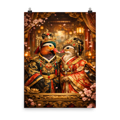 Mandarin duck pair in imperial court robes poster on a plain backdrop in size 8"x10".