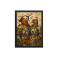 Mandarin duck pair in imperial plum blossom armor framed print mockup 12x16