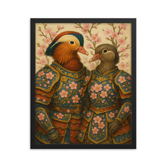 Mandarin duck pair in imperial plum blossom armor framed print mockup 16x20