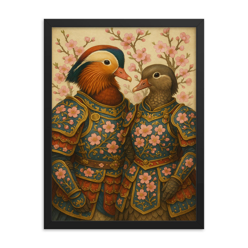 Mandarin duck pair in imperial plum blossom armor framed print mockup 18x24