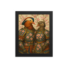 Mandarin duck pair in imperial plum blossom armor framed print mockup 8x10