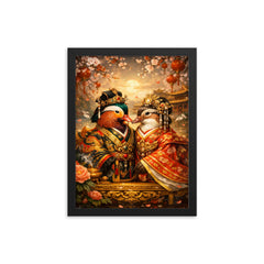 Mandarin duck pair in imperial robes framed print on a plain backdrop in size 12"x16".