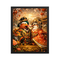 Mandarin duck pair in imperial robes framed print on a plain backdrop in size 16"x20".