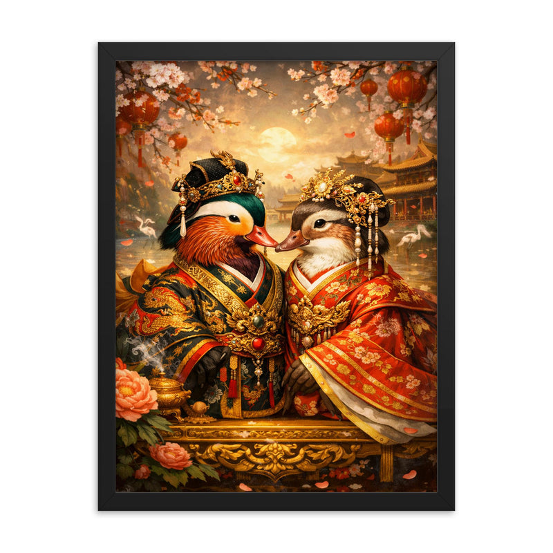 Mandarin duck pair in imperial robes framed print on a plain backdrop in size 18