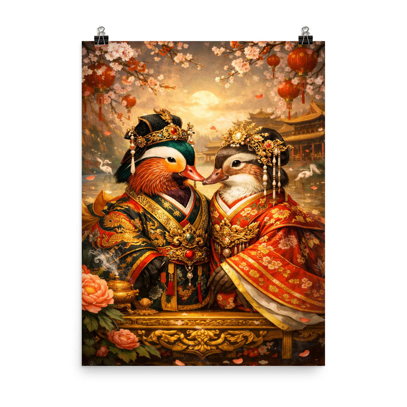 Mandarin duck pair in imperial robes poster on a plain backdrop in size 8